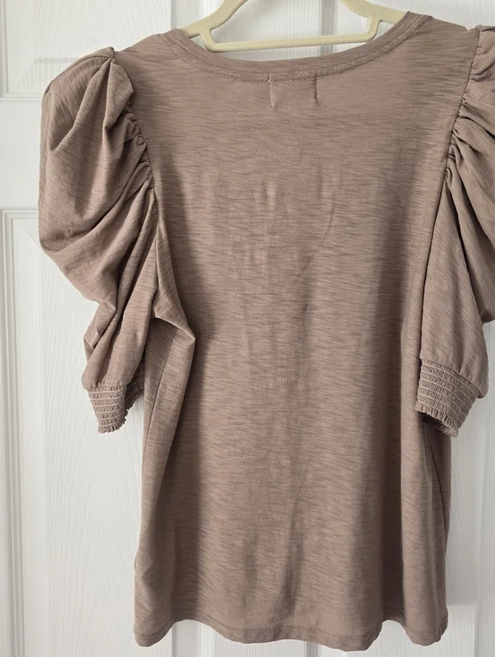 Nation Celine Puff Shoulder V neck Neutral Taupe Tee Small - Picture 2 of 9